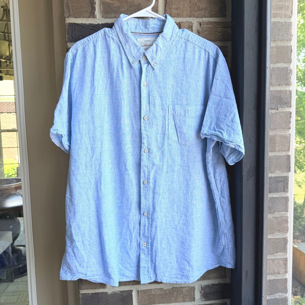 Weatherproof Vintage Mens Light Blue Linen Cotton Short Sleeve Button Down XL